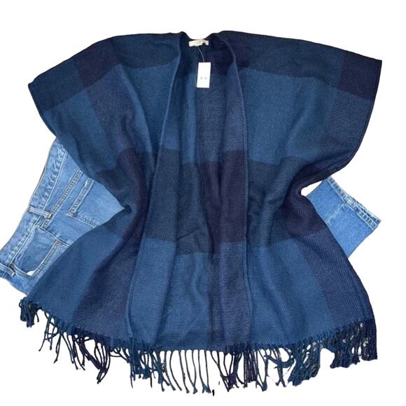 NWT LOFT Blue & Navy Oversized Plaid Open Front Poncho Wrap - Picture 1 of 8